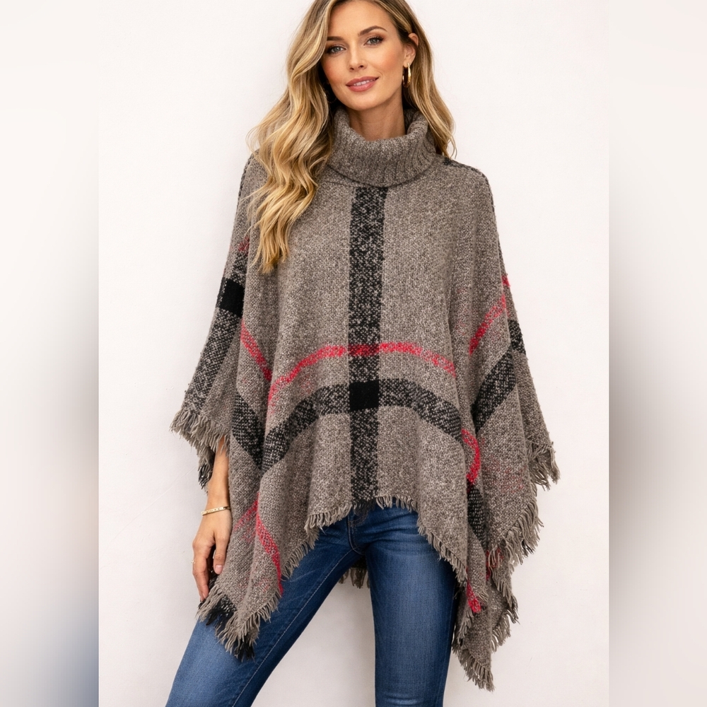 Plaid Cape Turtleneck - Red, Black, Gray Pattern, Pullover, Size Medium